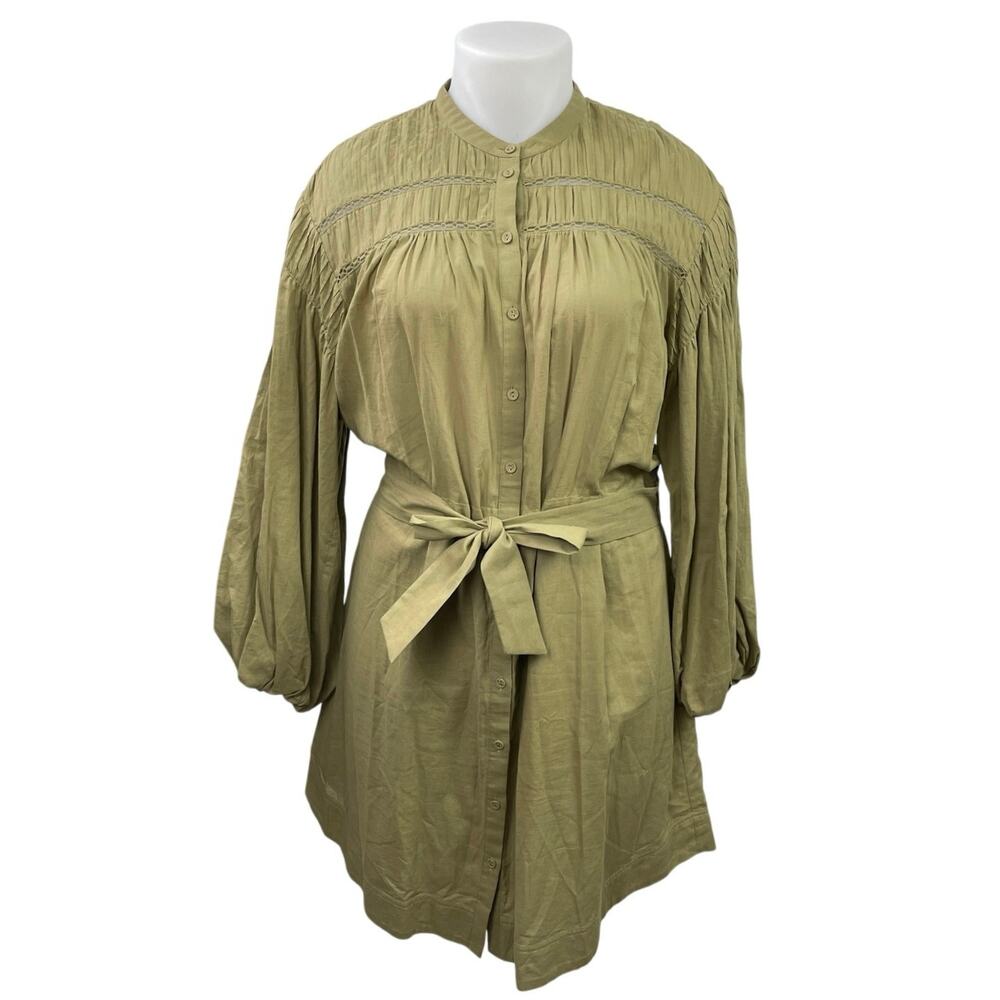Witchery Womens Green Long Sleeve Belted Pleated Button Down Mini Shirt Dress 16
